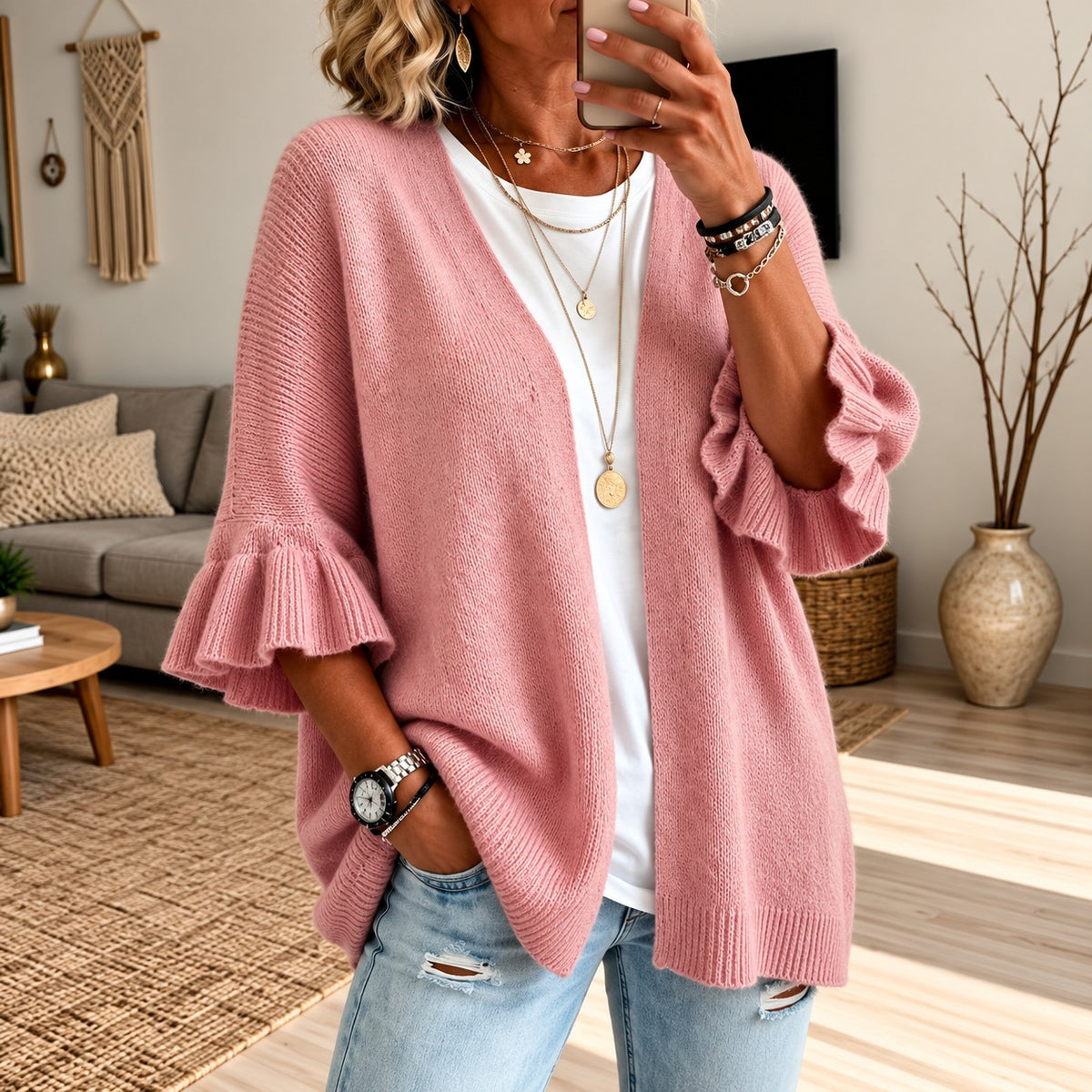 Strickjacke Gesine™ mit strukturierter Strickoptik, offener Front und ausgestellten Ärmeln