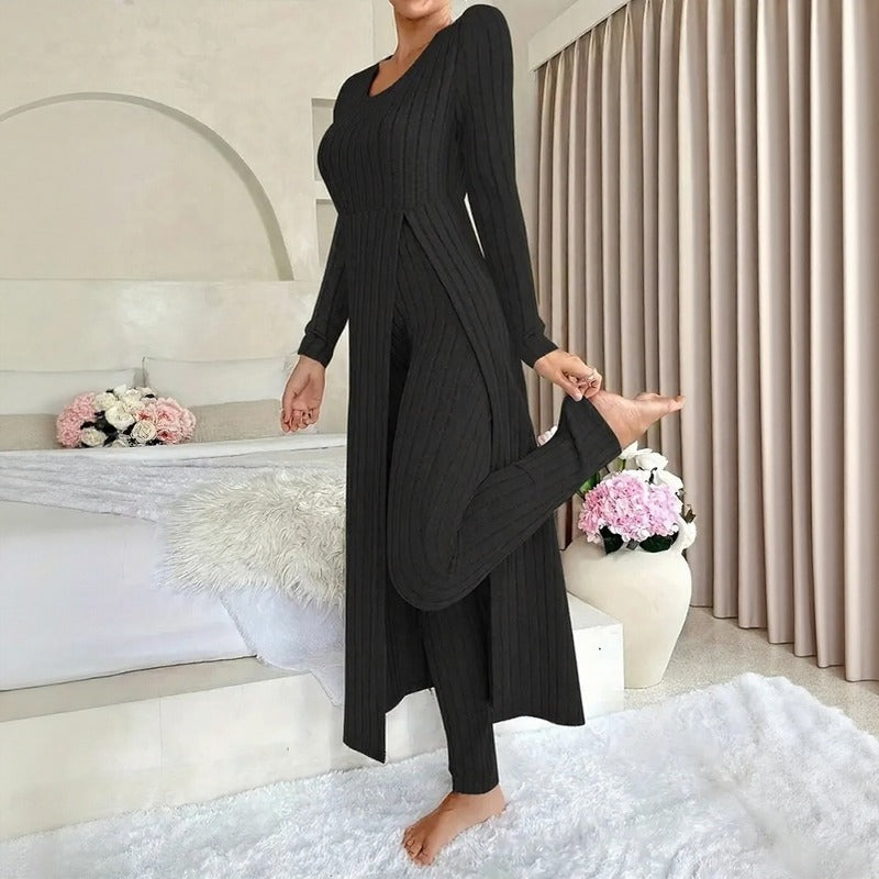 Hera™ Zweiteiler mit langem Oberteil in Lagenoptik, Seitenschlitz und High-Waist-Hose