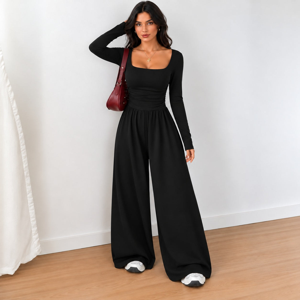 Selena™ Damen-Jumpsuit mit weitem Bein, langen Ärmeln und betonter Taille