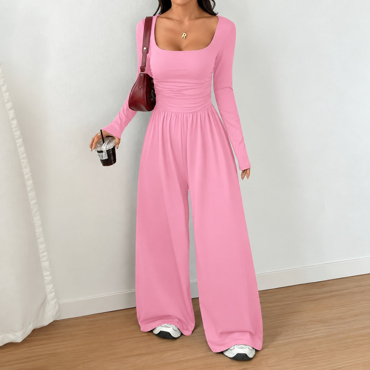Selena™ Damen-Jumpsuit mit weitem Bein, langen Ärmeln und betonter Taille