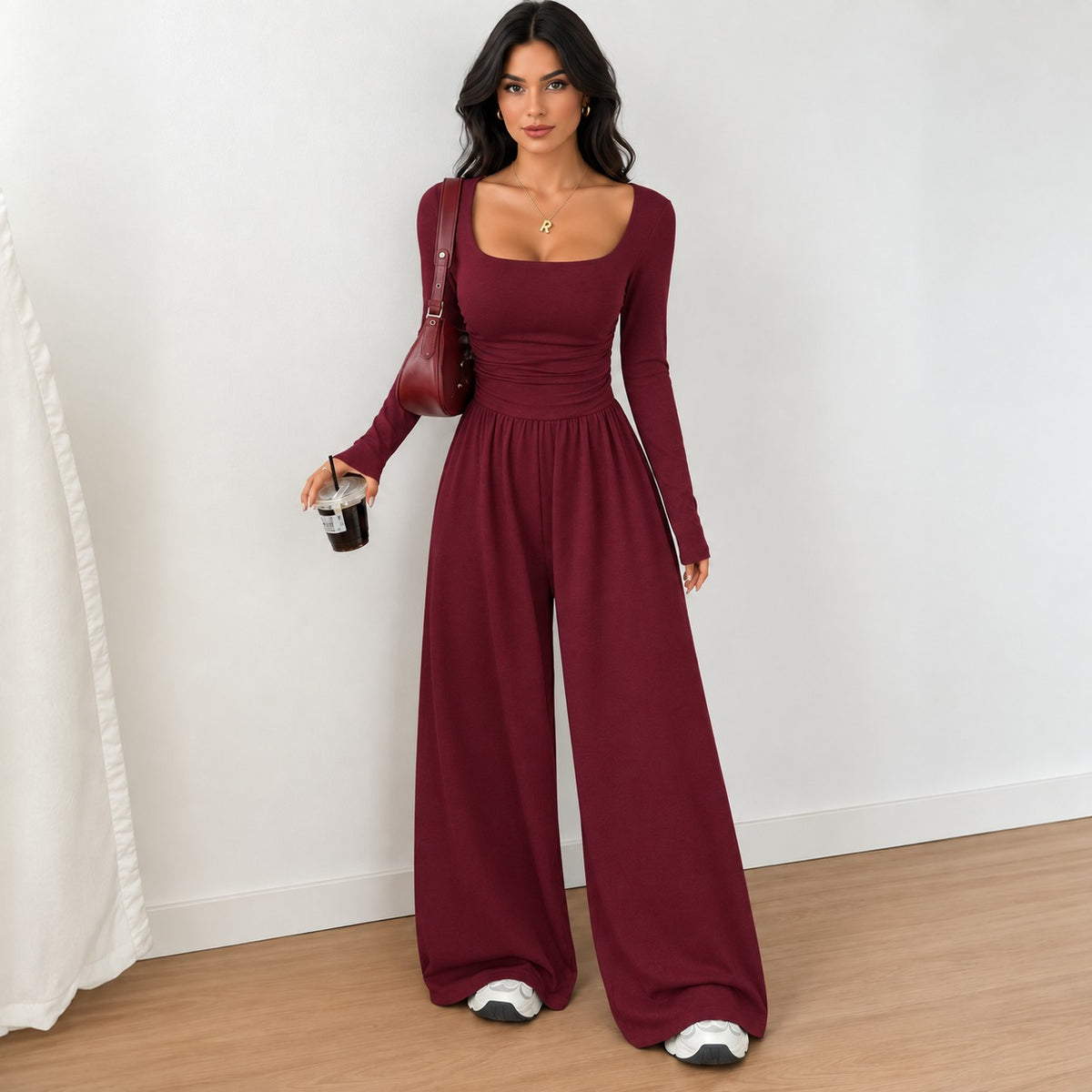 Selena™ Damen-Jumpsuit mit weitem Bein, langen Ärmeln und betonter Taille