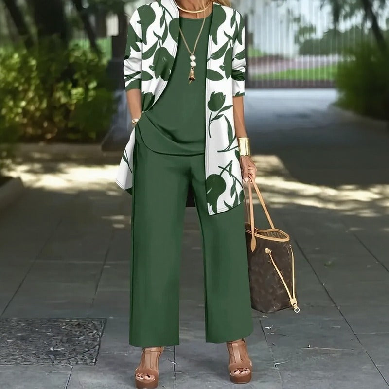 Magnolia™ 3-Teiliges Set mit Lockerer Bluse, Palazzo-Hose und Langem Floral-Cardigan