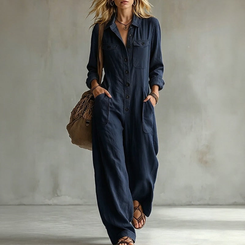 Amarisa™ Jumpsuit mit Elegantem Kragen, Frontknöpfen und Utility-Taschen