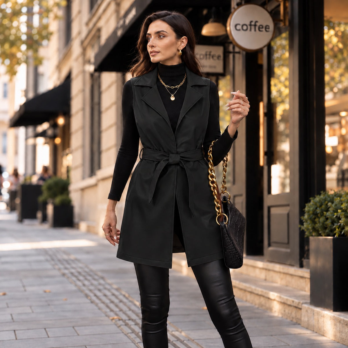 Alessia™ Longweste aus Premium-Kunstleder mit breitem Revers und Bindegürtel