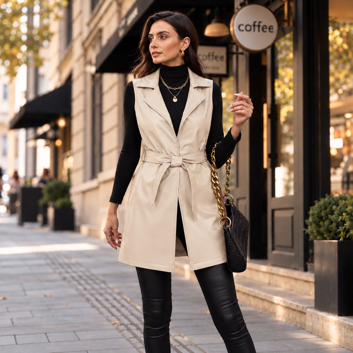 Alessia™ Longweste aus Premium-Kunstleder mit breitem Revers und Bindegürtel