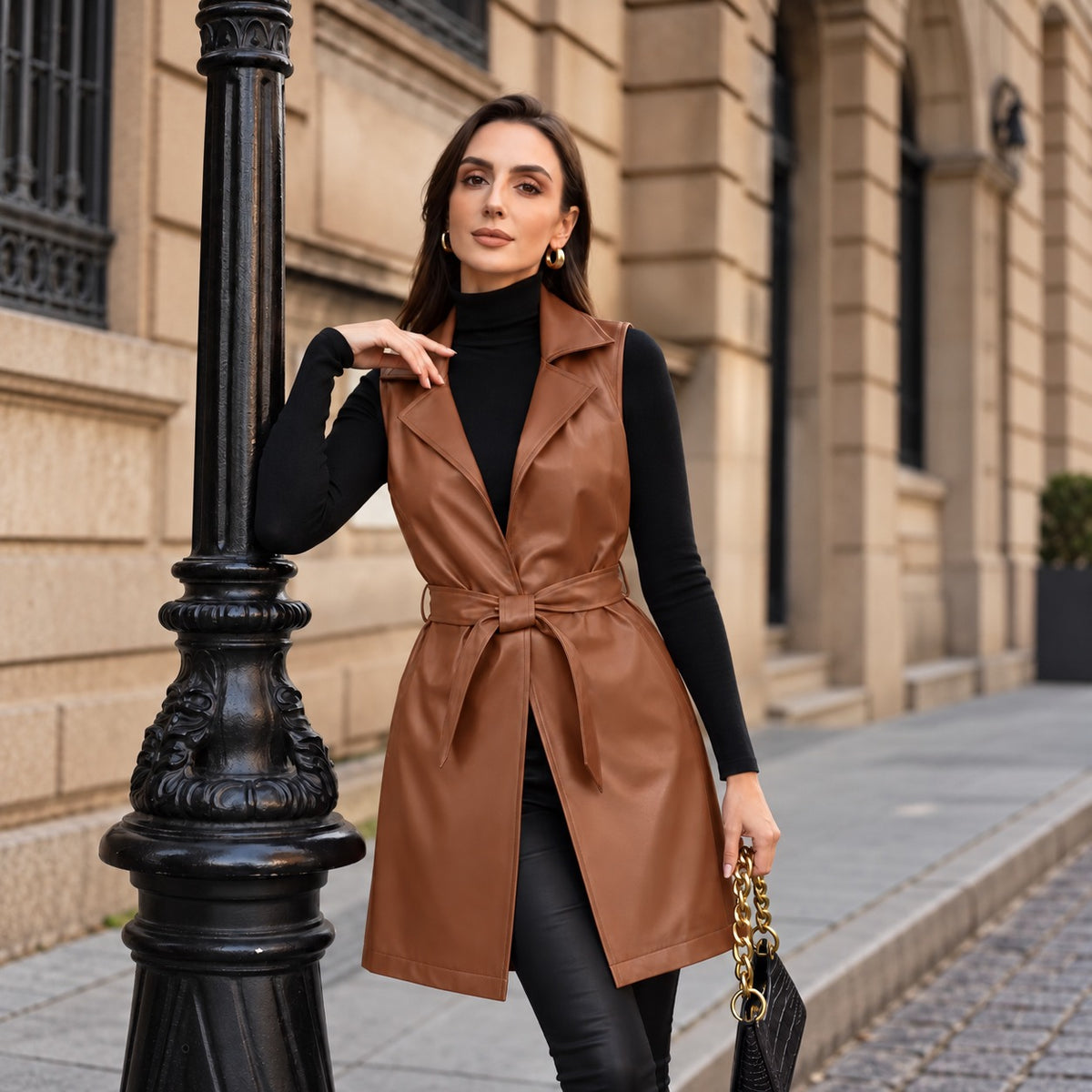 Alessia™ Longweste aus Premium-Kunstleder mit breitem Revers und Bindegürtel