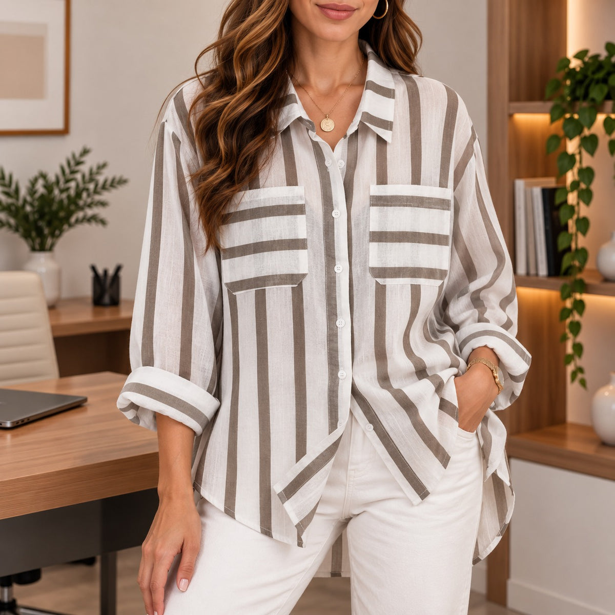 Hemdbluse Alina™ mit Kontraststreifen, Brusttaschen und weitem Schnitt
