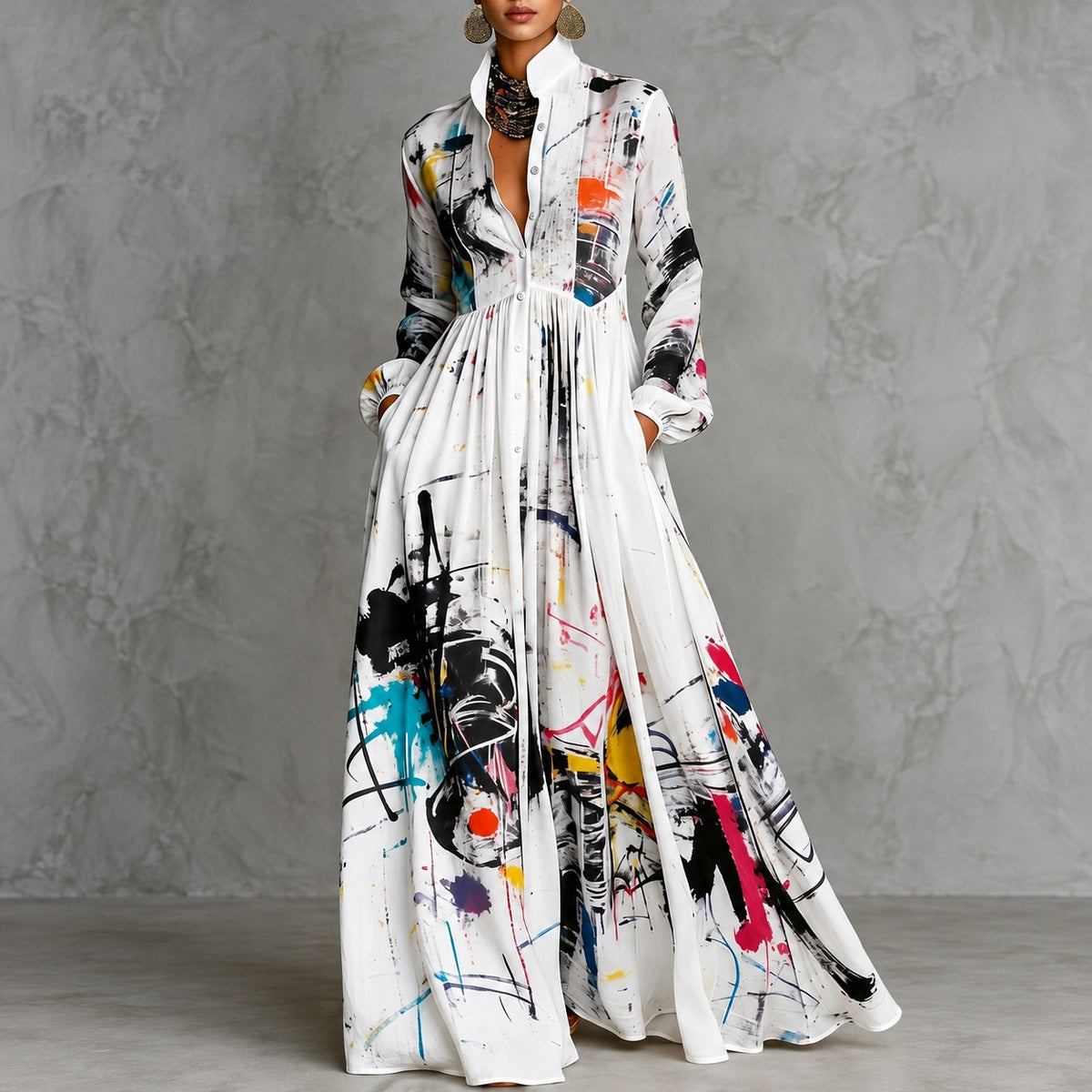Kleid Pauline™ mit abstraktem Kunstmuster, betonter Taille und weitem Rock