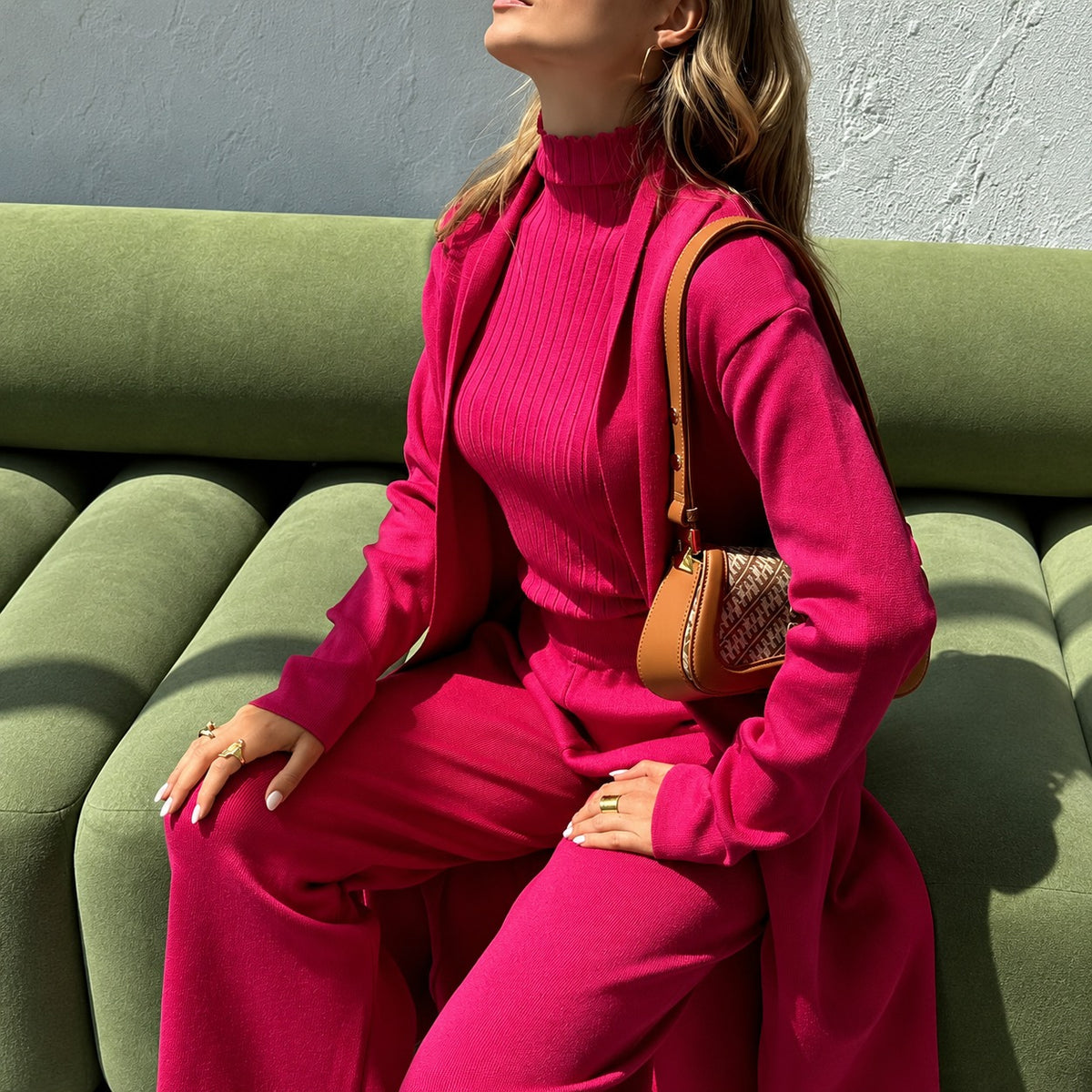 Set Hanna™ mit geripptem Rollkragentop, langem Cardigan und weiter Hose