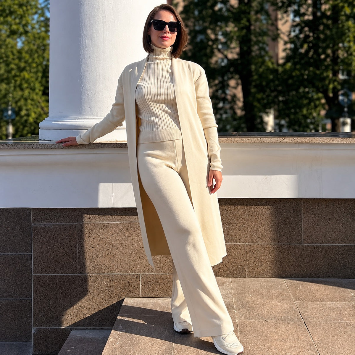 Set Hanna™ mit geripptem Rollkragentop, langem Cardigan und weiter Hose