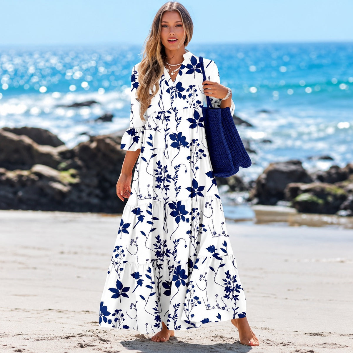 Liana™ Maxikleid mit Blumenprint, 3/4-Ärmeln und langem Stufenrock