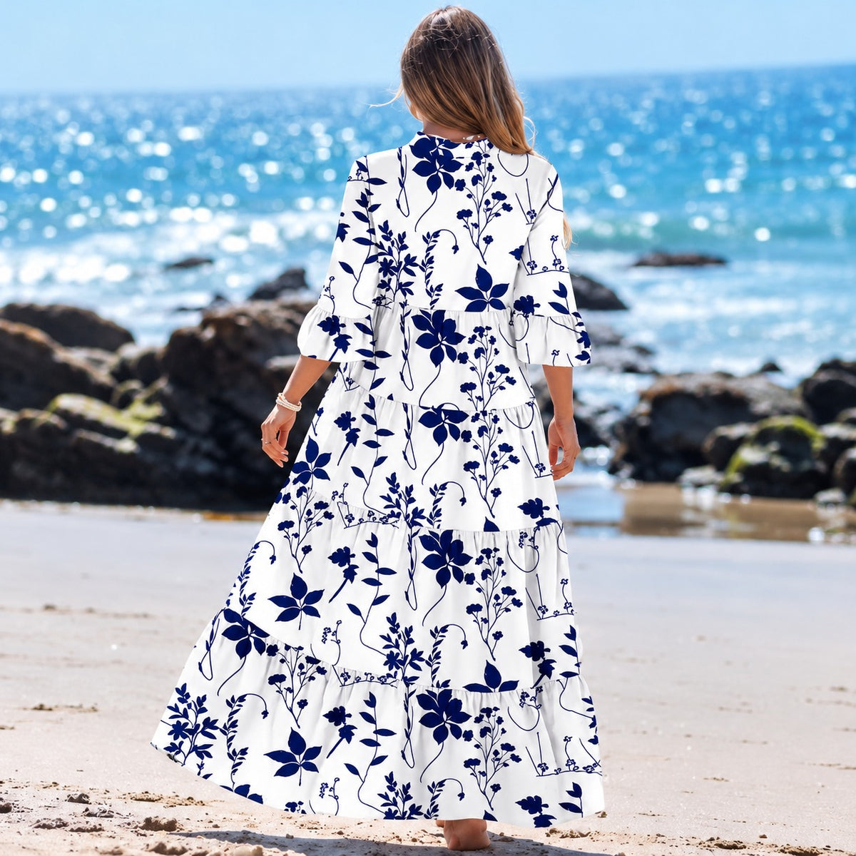 Liana™ Maxikleid mit Blumenprint, 3/4-Ärmeln und langem Stufenrock