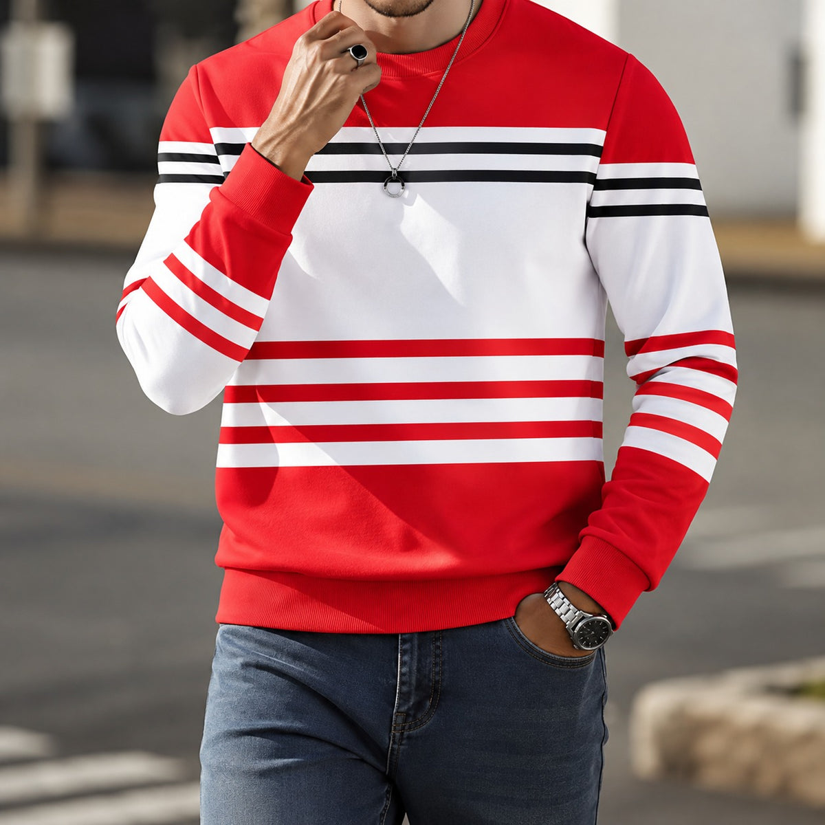Sweatshirt Aldemar™ mit Kontraststreifen, Rundhalsausschnitt und Gerippten Bündchen