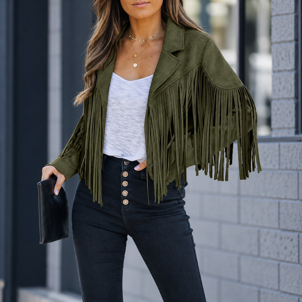 Jacke Saskia™ mit langen Fransen, Reverskragen und Velourslederoptik