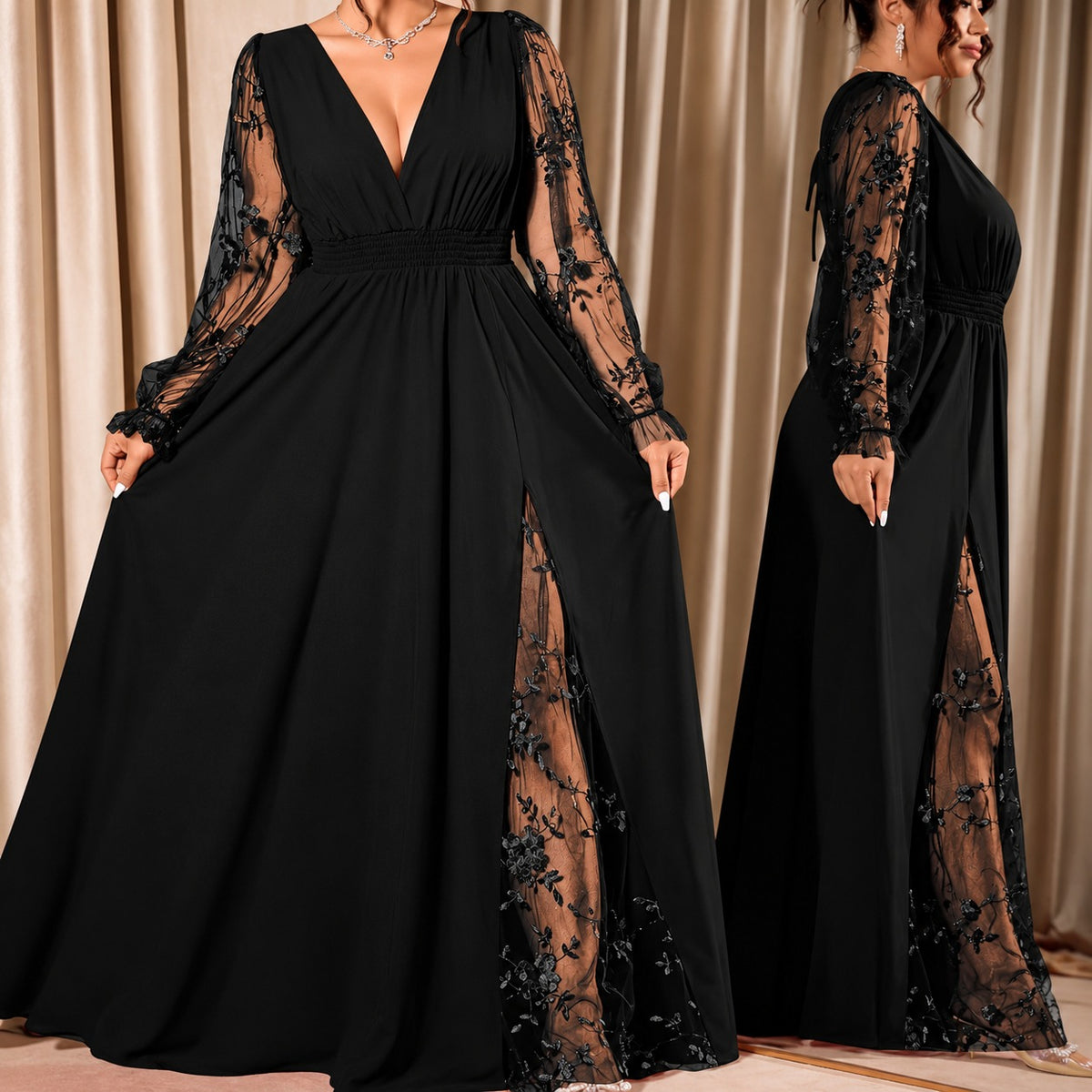 Kleid Florentine™ in A-Linie mit floralem Tüllschlitz und transparenten Ärmeln