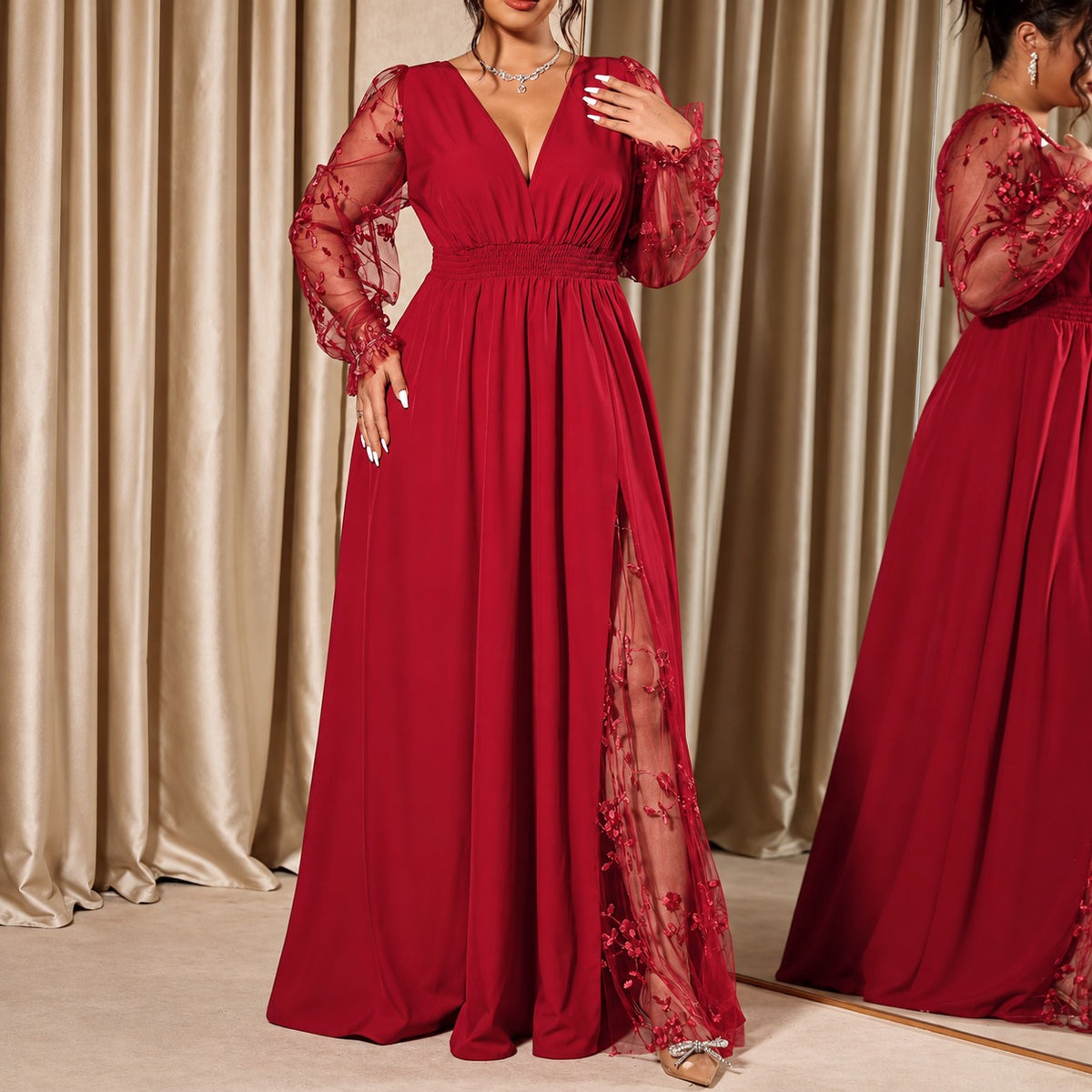 Kleid Florentine™ in A-Linie mit floralem Tüllschlitz und transparenten Ärmeln
