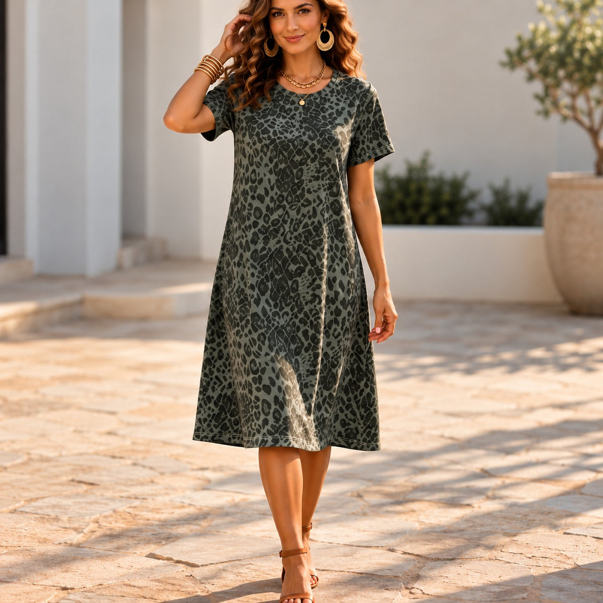 Zuri™ Midikleid mit Leopardenmuster, A-Linien-Schnitt und Rundhalsausschnitt