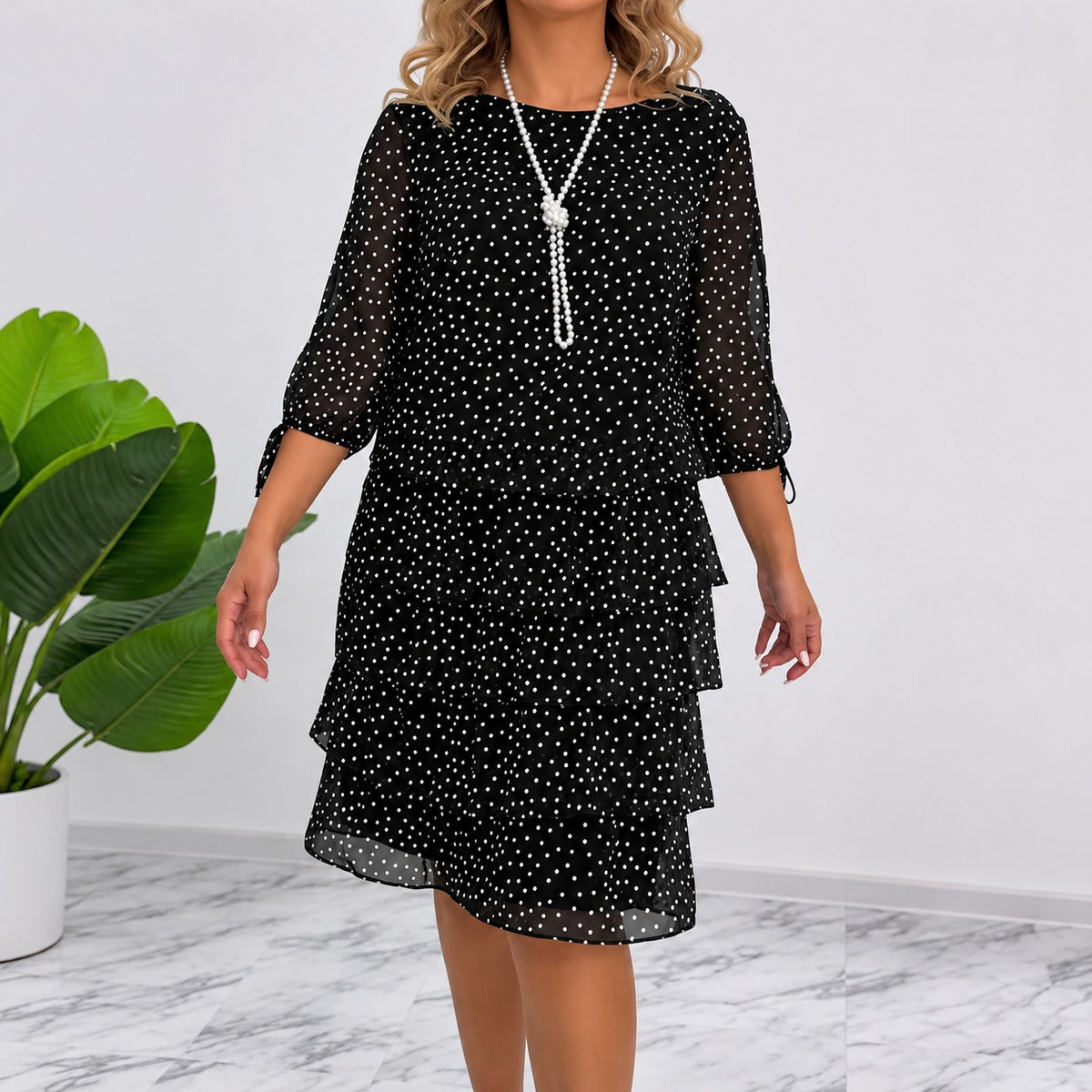 Kleid Carina™ mit Punktemuster, Stufenrock und Ärmeln mit Bindebändern