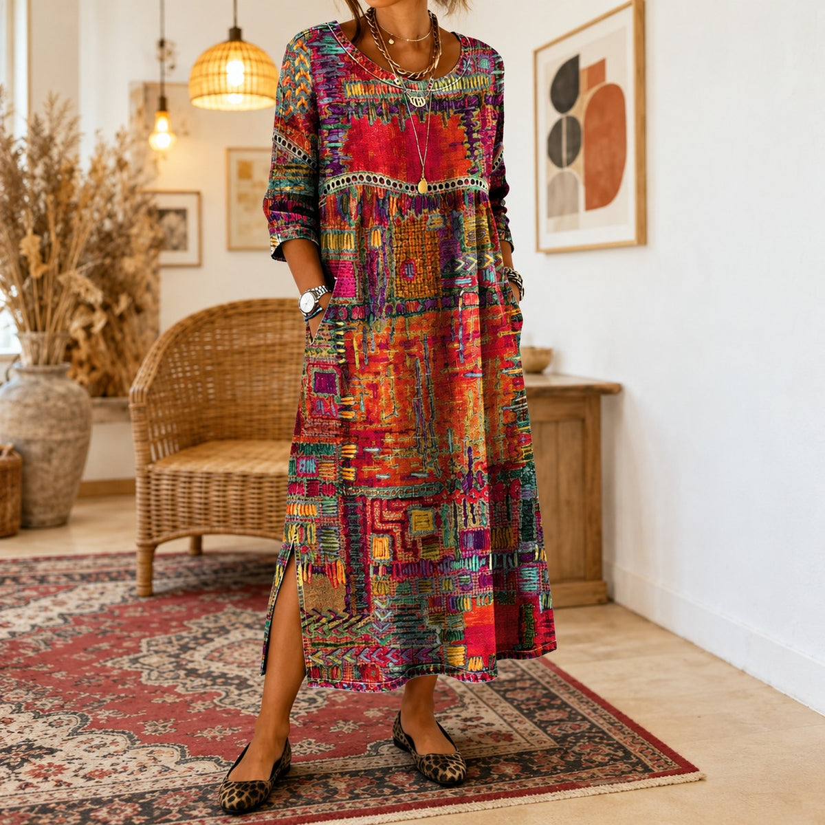 Kleid Marlen™ mit farbenfrohem Muster im Patchwork-Stil und Rundhalsausschnitt