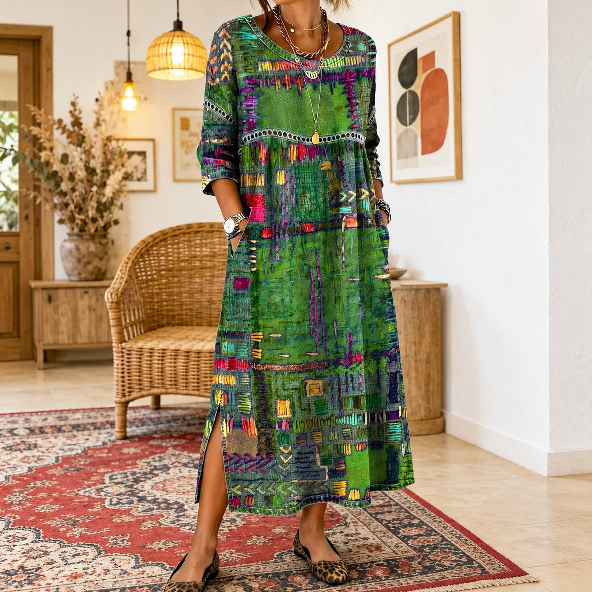 Kleid Marlen™ mit farbenfrohem Muster im Patchwork-Stil und Rundhalsausschnitt