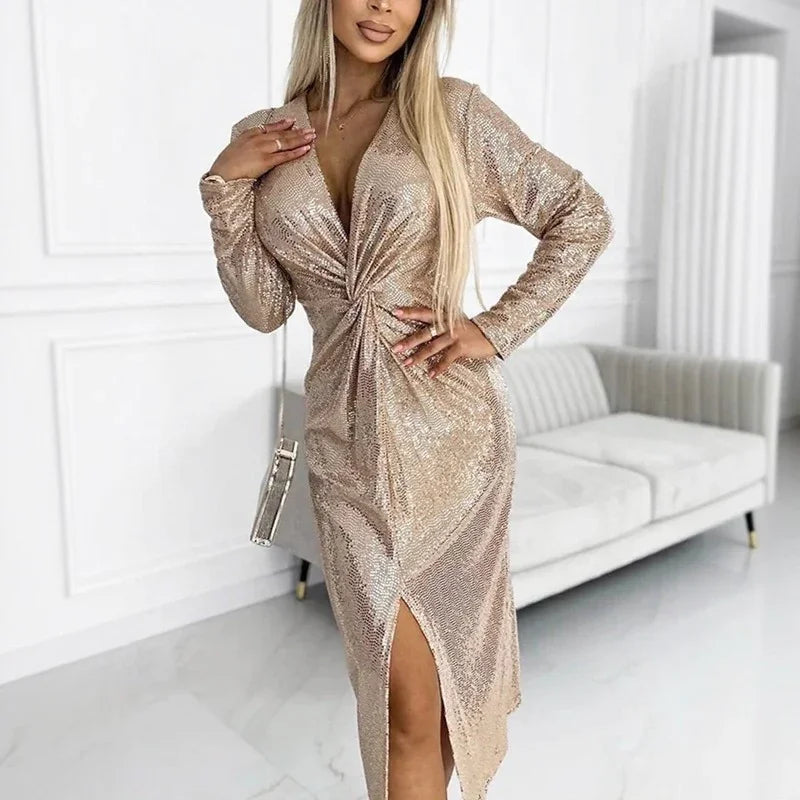 Royaler Glanz™ Kleid mit Elegantem Schlitz und Edlem Metallic-Effekt