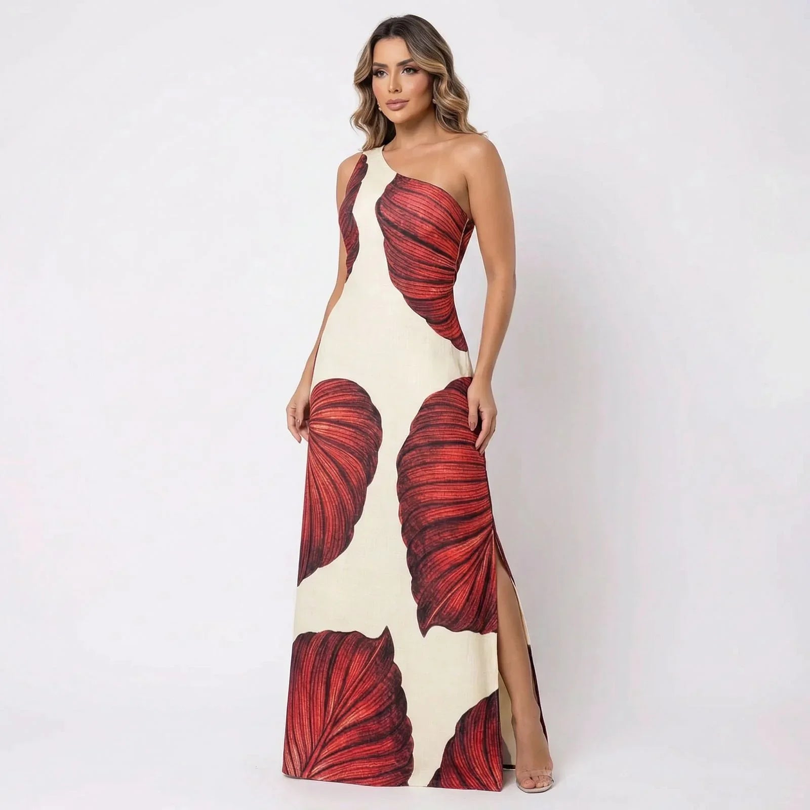 Yara™ Maxikleid aus strukturierter Viskose mit seitlichem Schlitz und asymmetrischem Ausschnitt