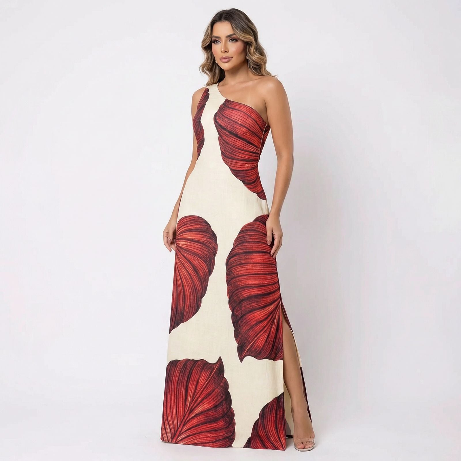 Yara™ Maxikleid aus strukturierter Viskose mit seitlichem Schlitz und asymmetrischem Ausschnitt