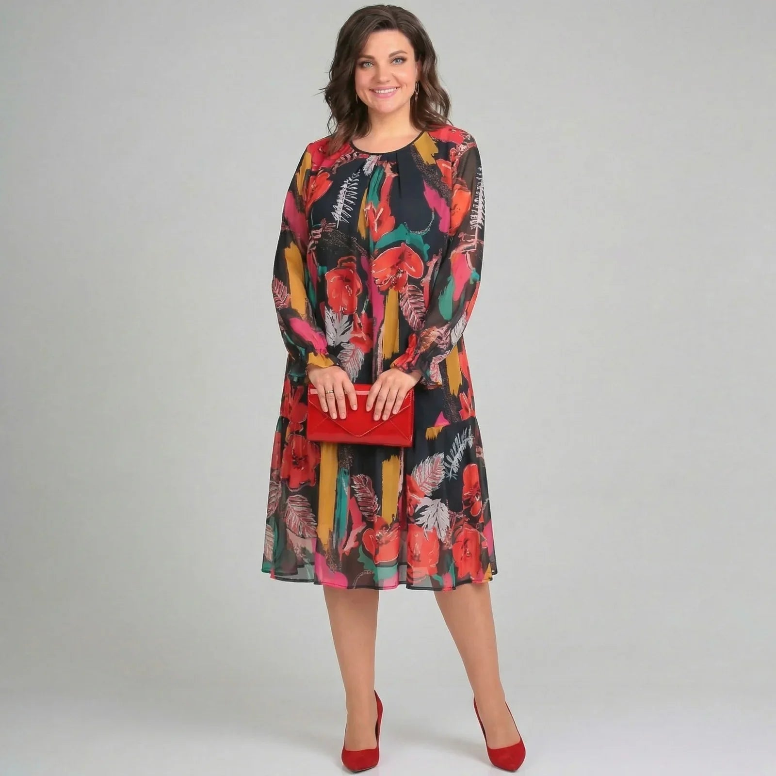 Gardenie™-Kleid mit fließenden Ärmeln und lebendigem Print