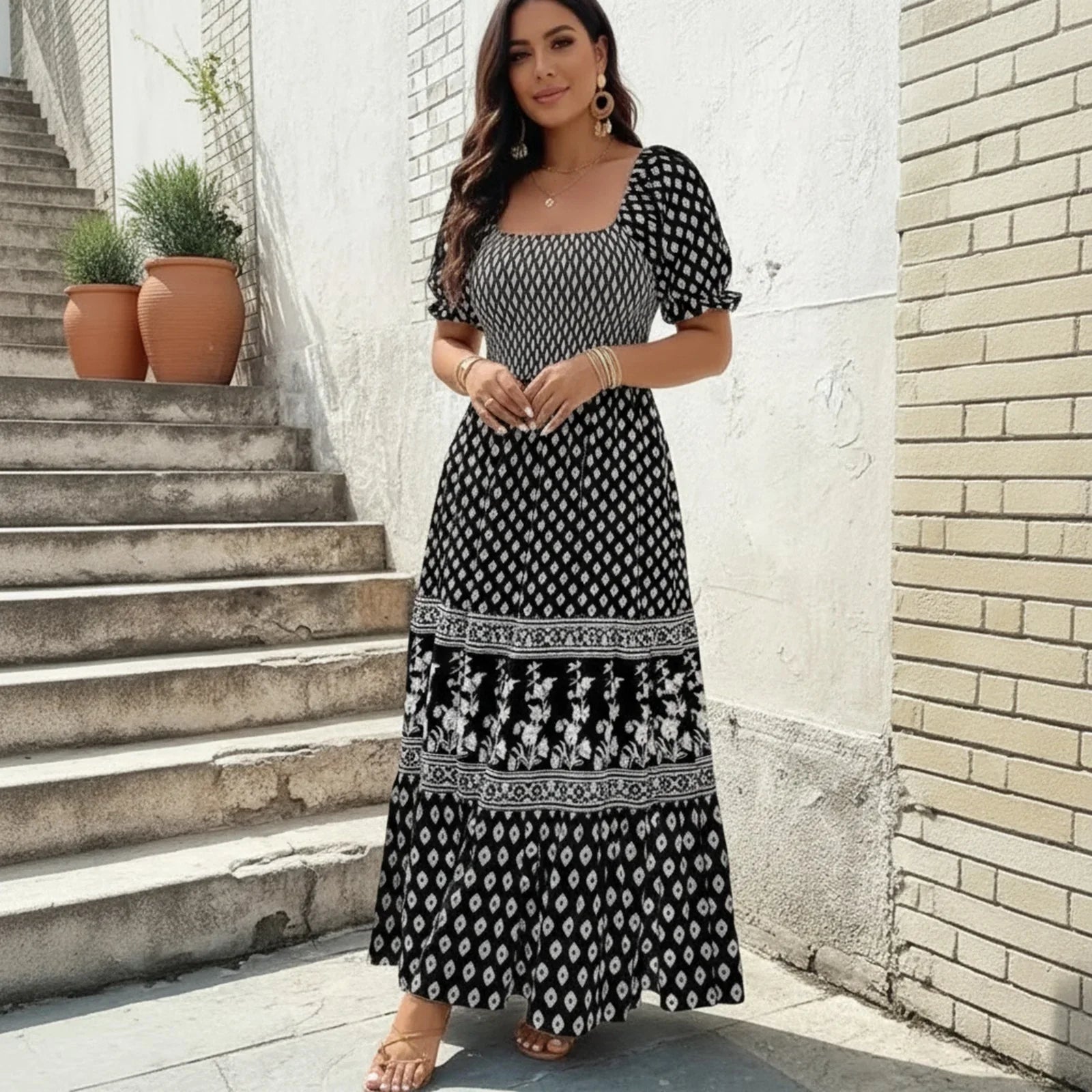 Selaris™ Kleid mit Puffärmeln und Fließender Silhouette