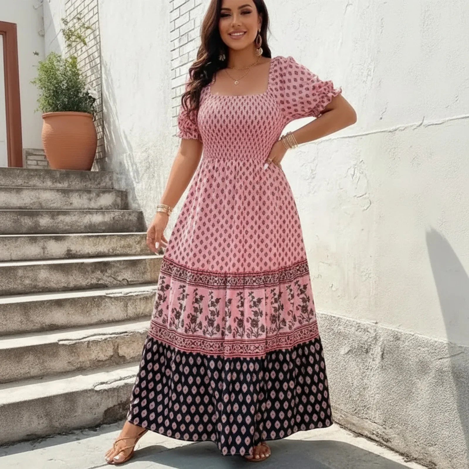Selaris™ Kleid mit Puffärmeln und Fließender Silhouette