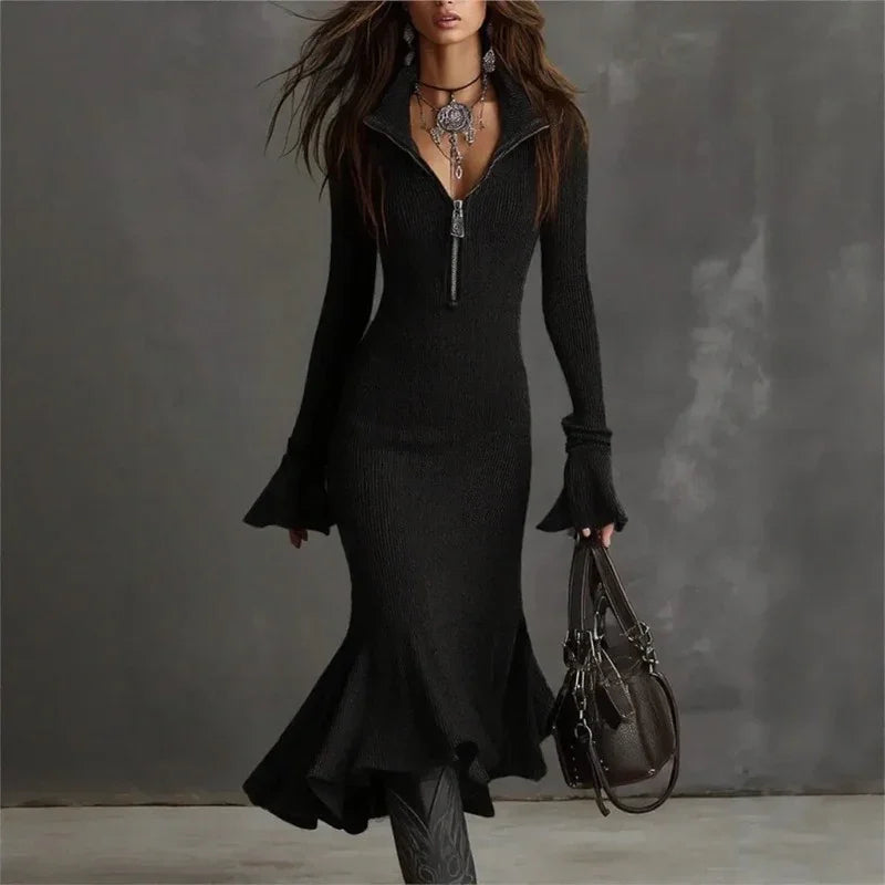 Evora Luxe™ Kleid Aus Geripptem Strick Mit Frontreißverschluss und Meerjungfrauensaum