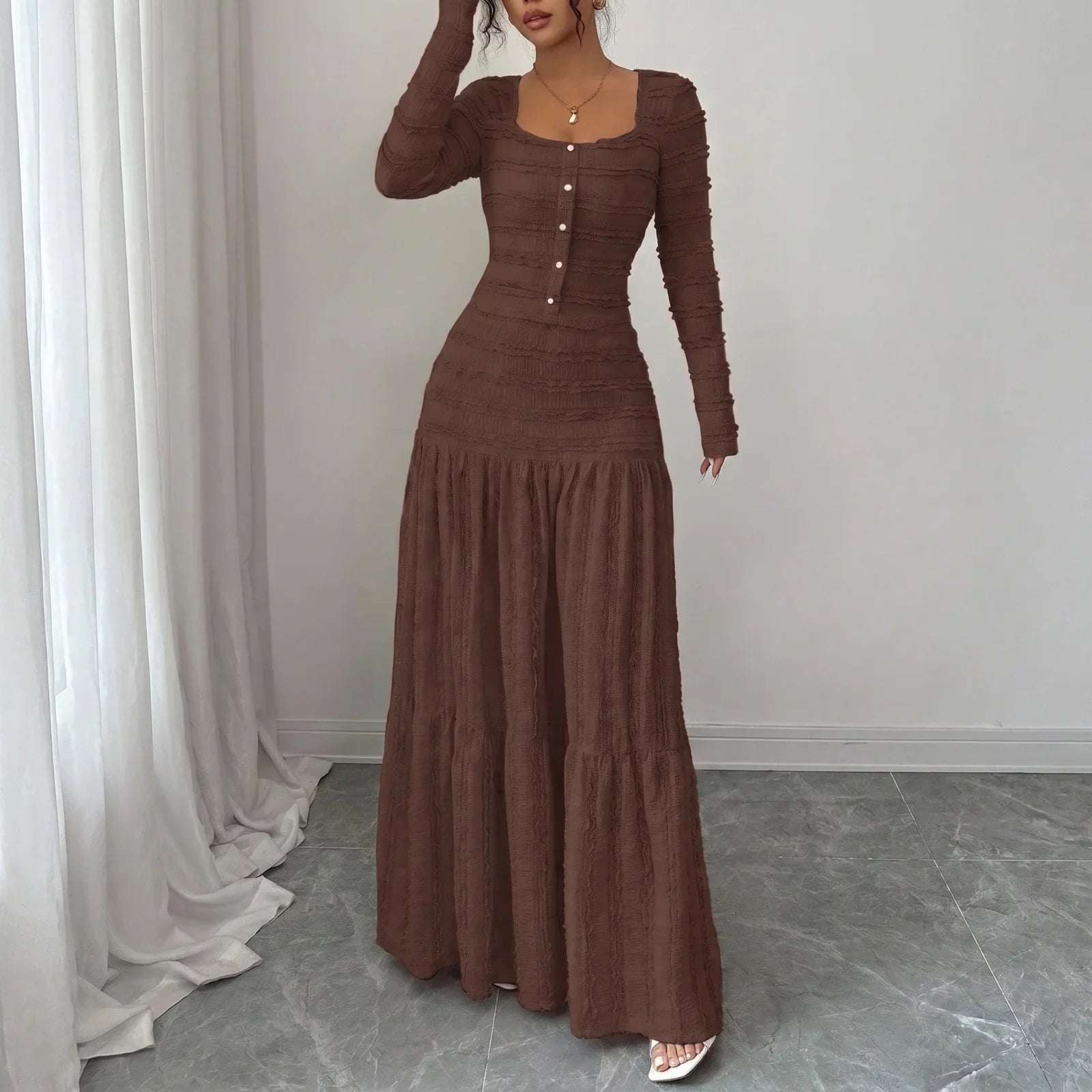 Úrsula™ Langes Kleid aus Plissiertem Strick mit Vorderer Knopfleiste