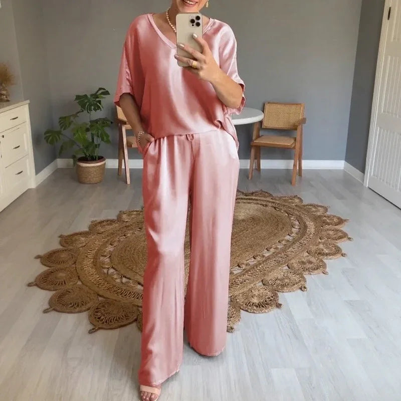 Marevielle™ Set Aus Satinartigem Stoff Mit Lockerer Bluse und Fließender Pantalonhose