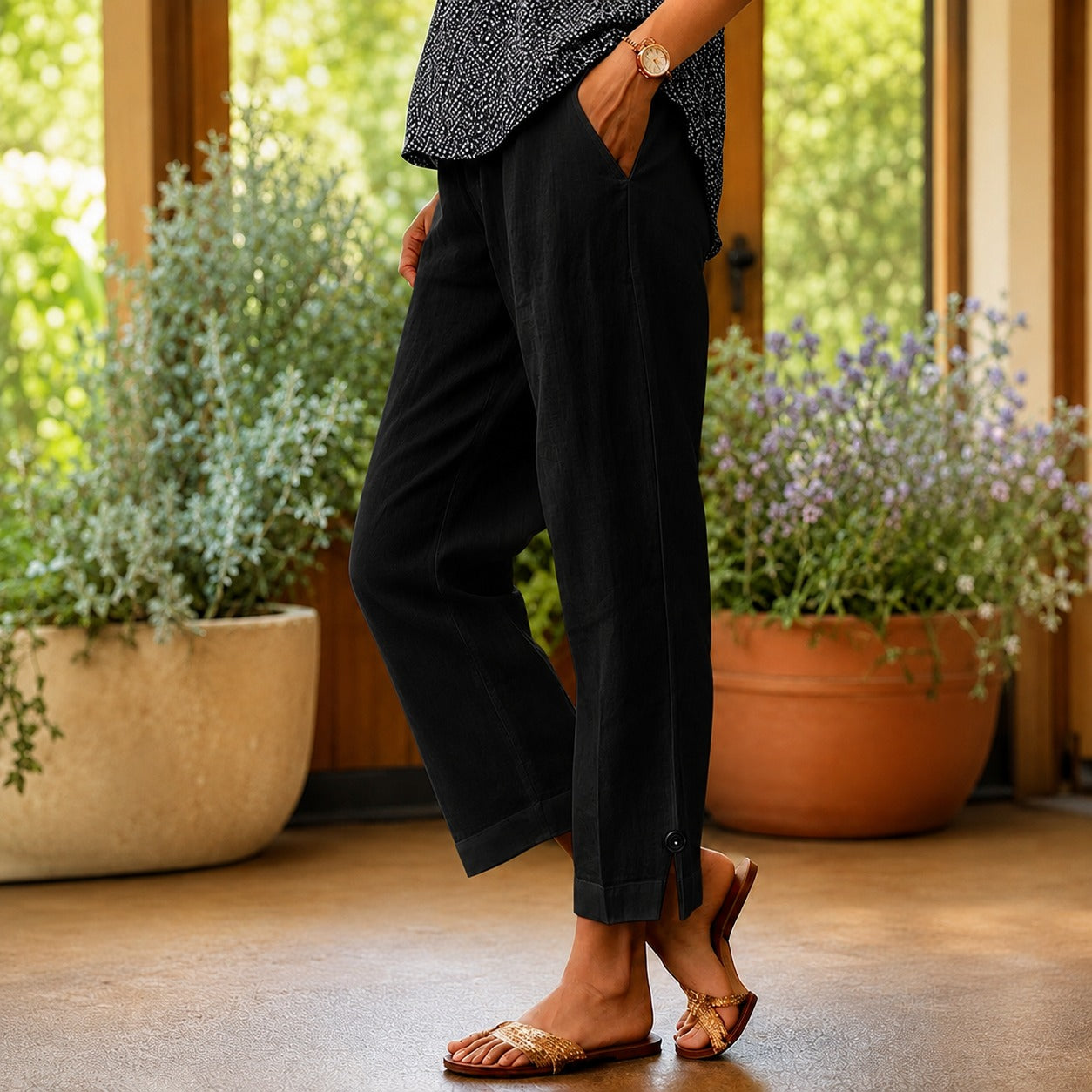 Sylvie™ Hose aus Baumwoll-Leinen mit Seitlichem Schlitz am Saum