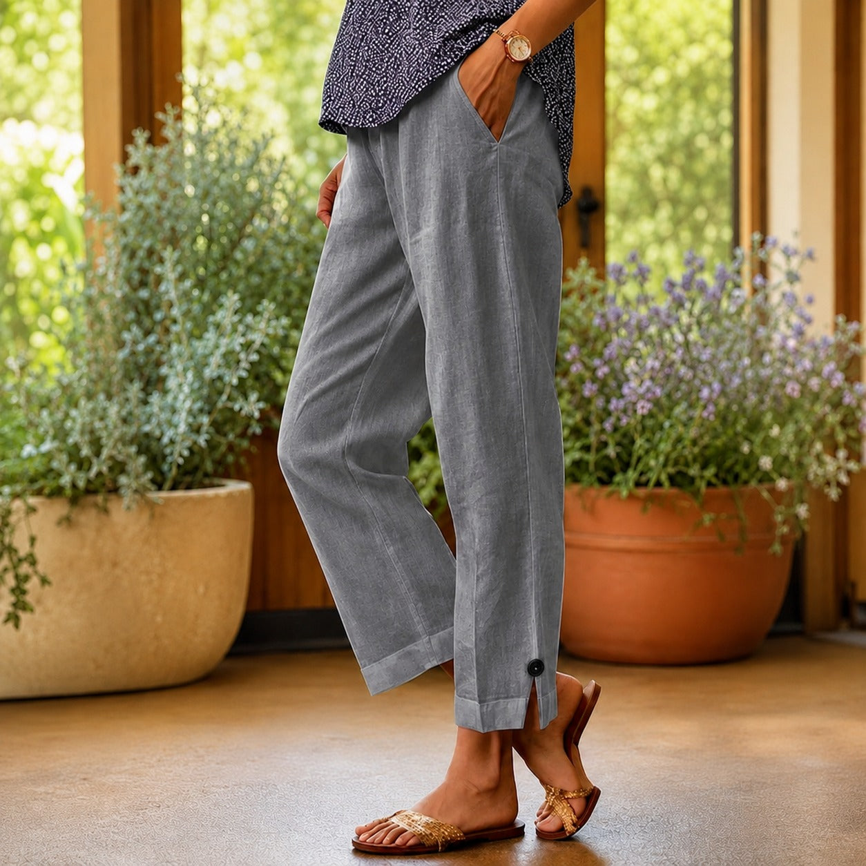 Sylvie™ Hose aus Baumwoll-Leinen mit Seitlichem Schlitz am Saum