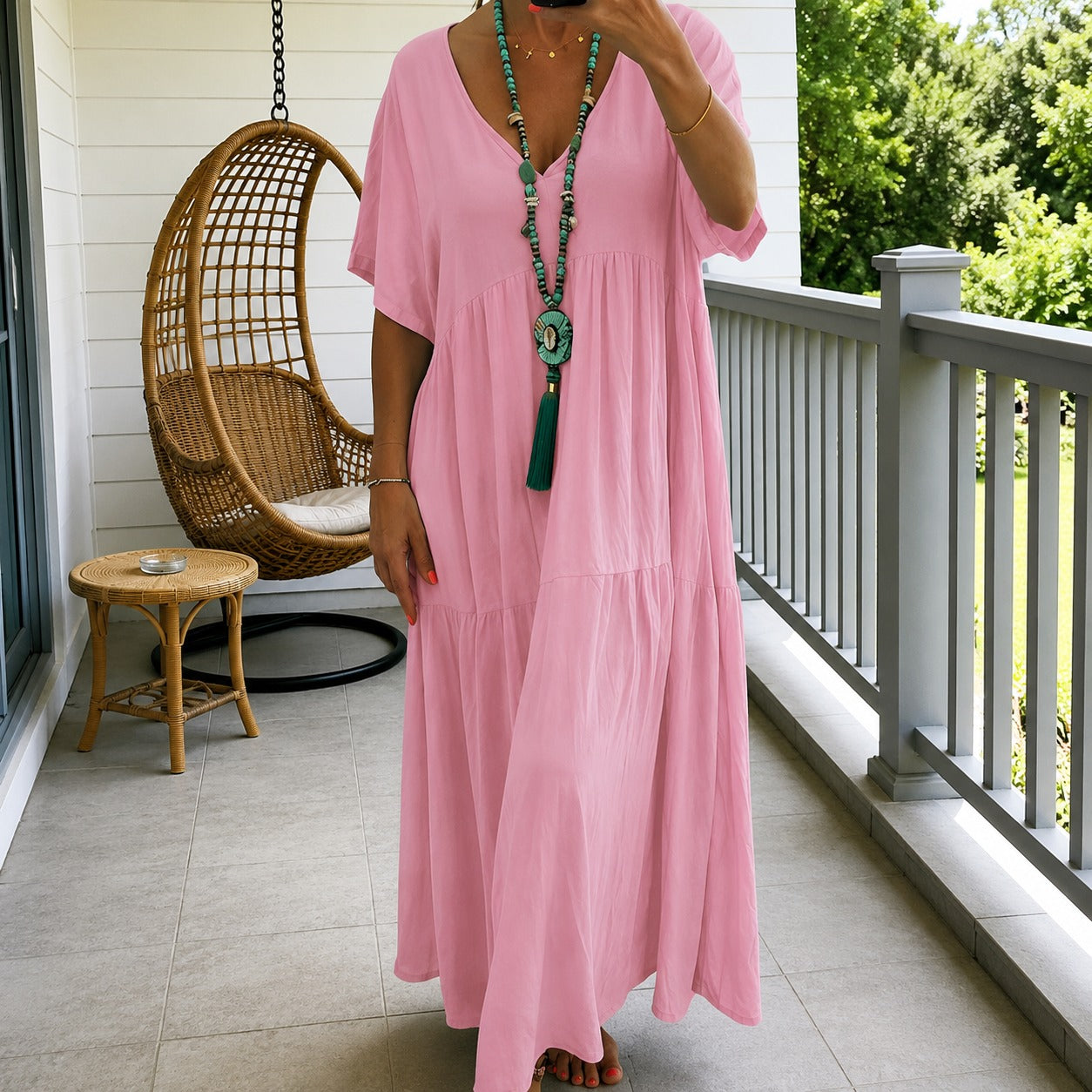 Liorenna™ Kleid aus Baumwoll-Leinen mit Lockerer Passform und V-Ausschnitt