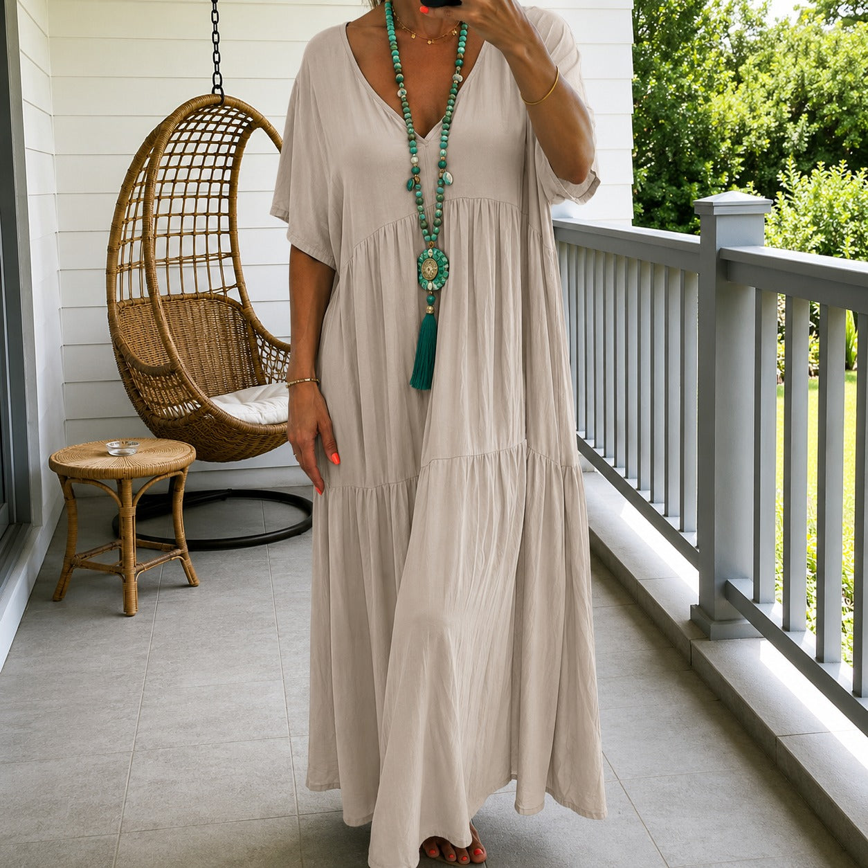 Liorenna™ Kleid aus Baumwoll-Leinen mit Lockerer Passform und V-Ausschnitt