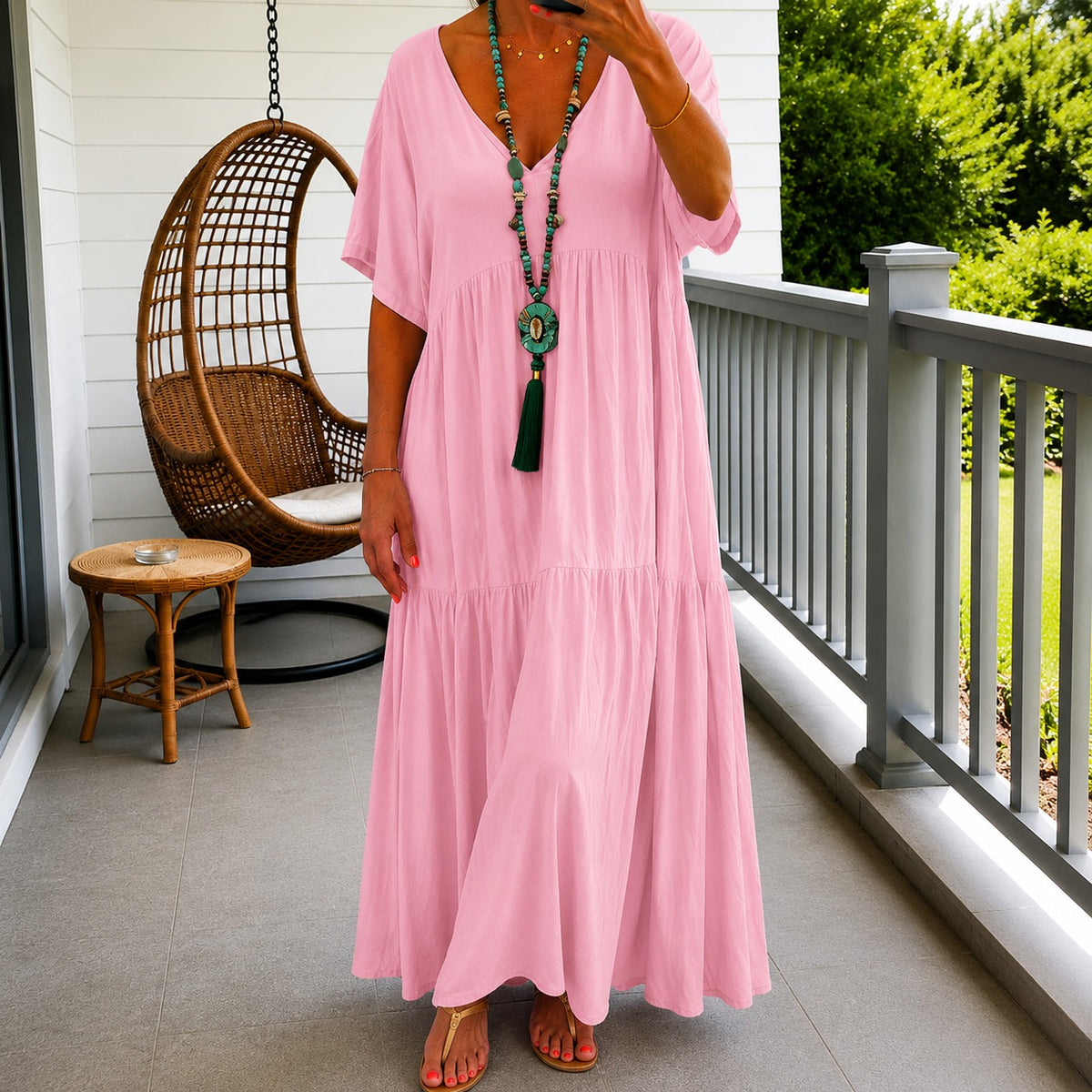 Liorenna™ Kleid aus Baumwoll-Leinen mit Lockerer Passform und V-Ausschnitt