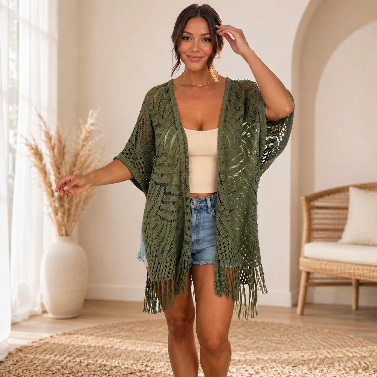 Kimono Calivie™ aus Lochstrick mit Fransen