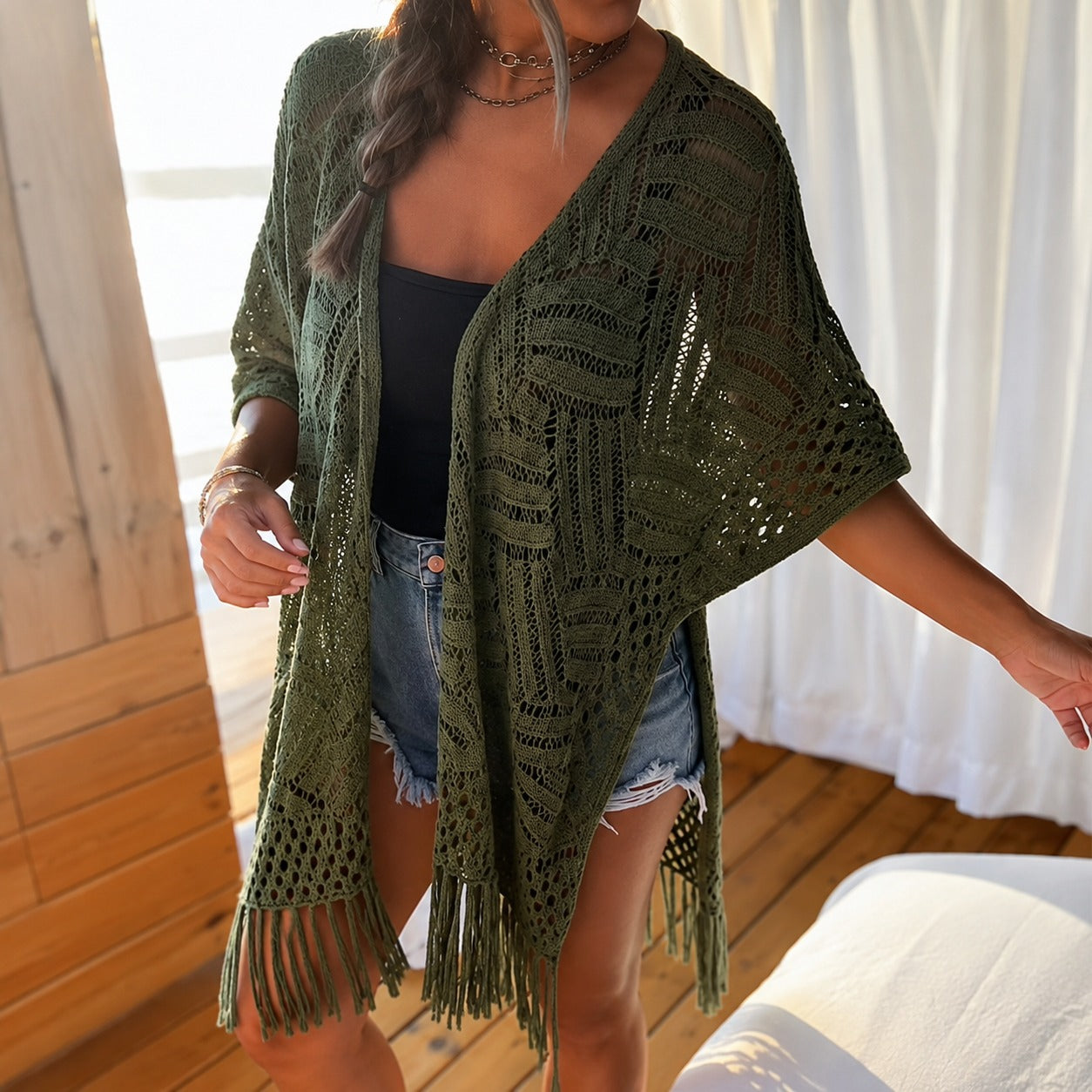 Kimono Calivie™ aus Lochstrick mit Fransen