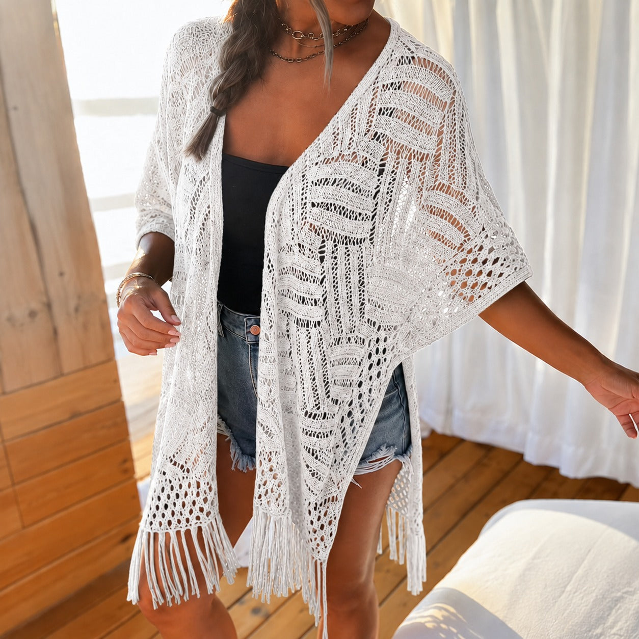 Kimono Calivie™ aus Lochstrick mit Fransen