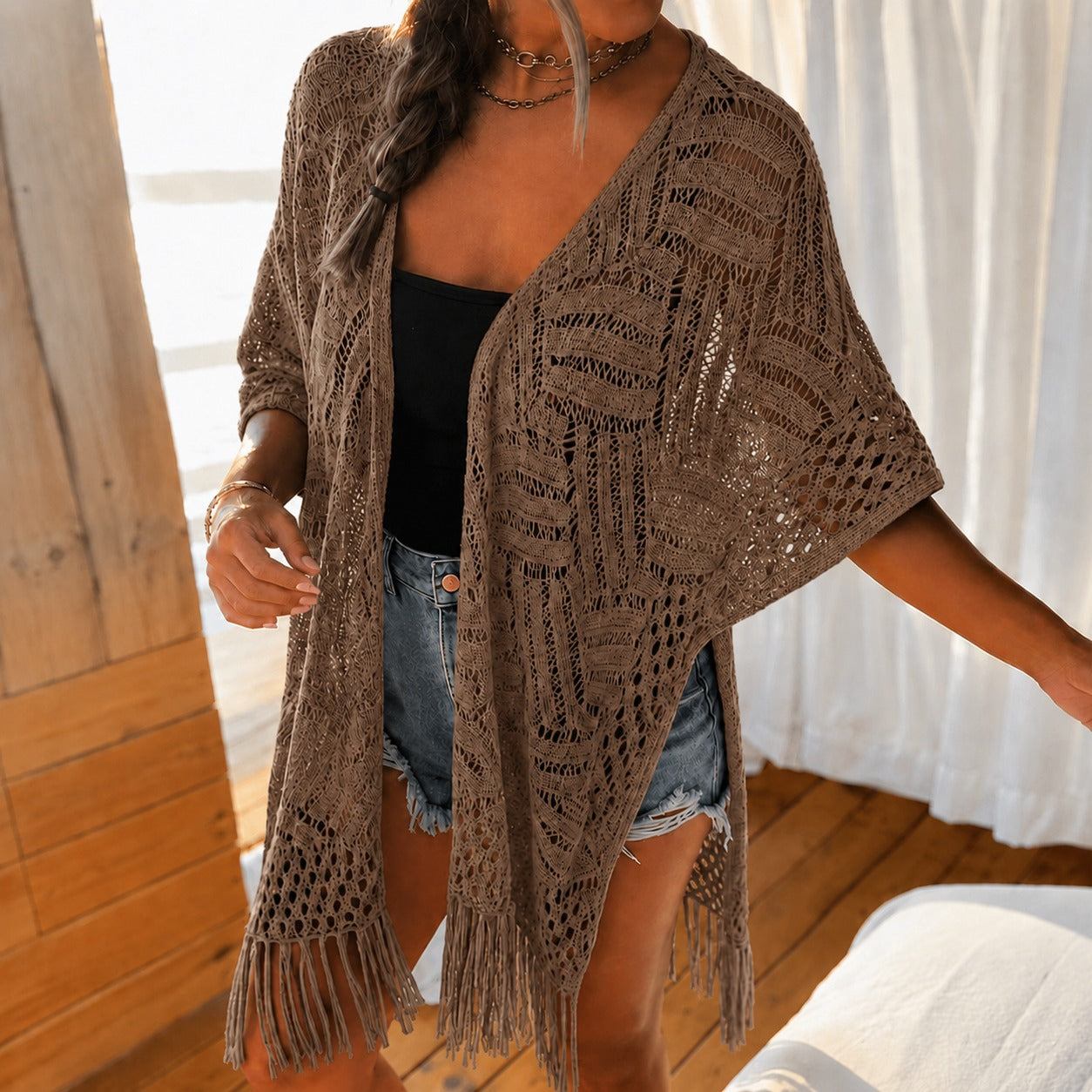 Kimono Calivie™ aus Lochstrick mit Fransen