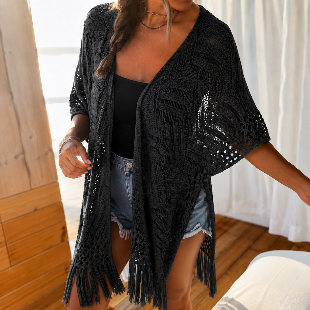 Kimono Calivie™ aus Lochstrick mit Fransen