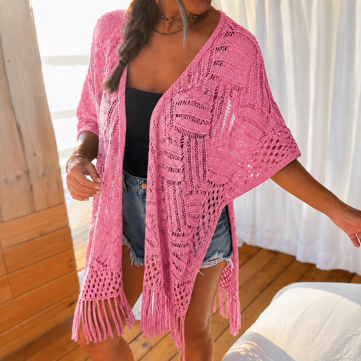 Kimono Calivie™ aus Lochstrick mit Fransen