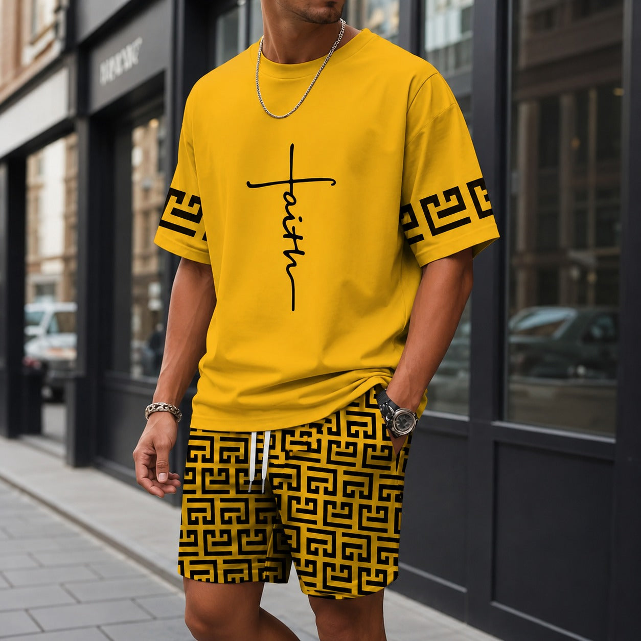 Zweiteiler Roven™ mit oversized T-Shirt und gemusterter Shorts / Moderner Streetwear-Look mit hohem Tragekomfort.