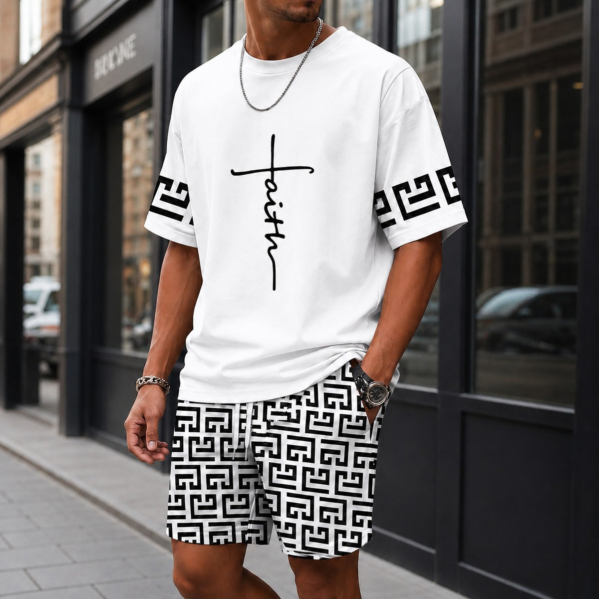 Zweiteiler Roven™ mit oversized T-Shirt und gemusterter Shorts / Moderner Streetwear-Look mit hohem Tragekomfort.