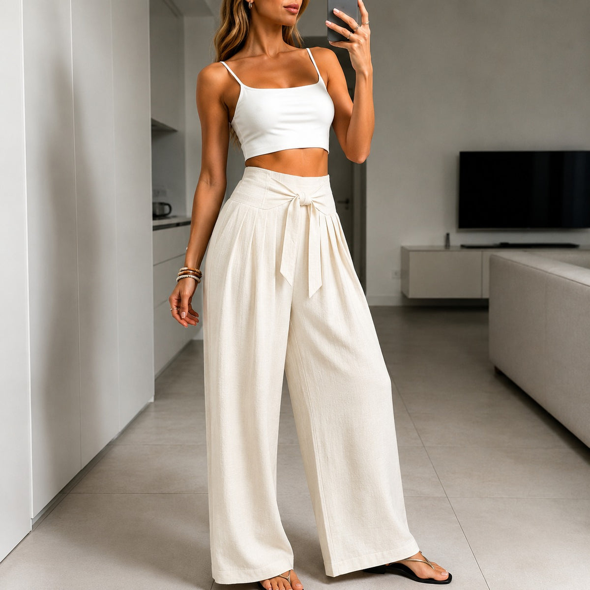 Arielle™ Hose mit Eleganter Verstellbarer Bindeschärpe und Strukturiertem Bund