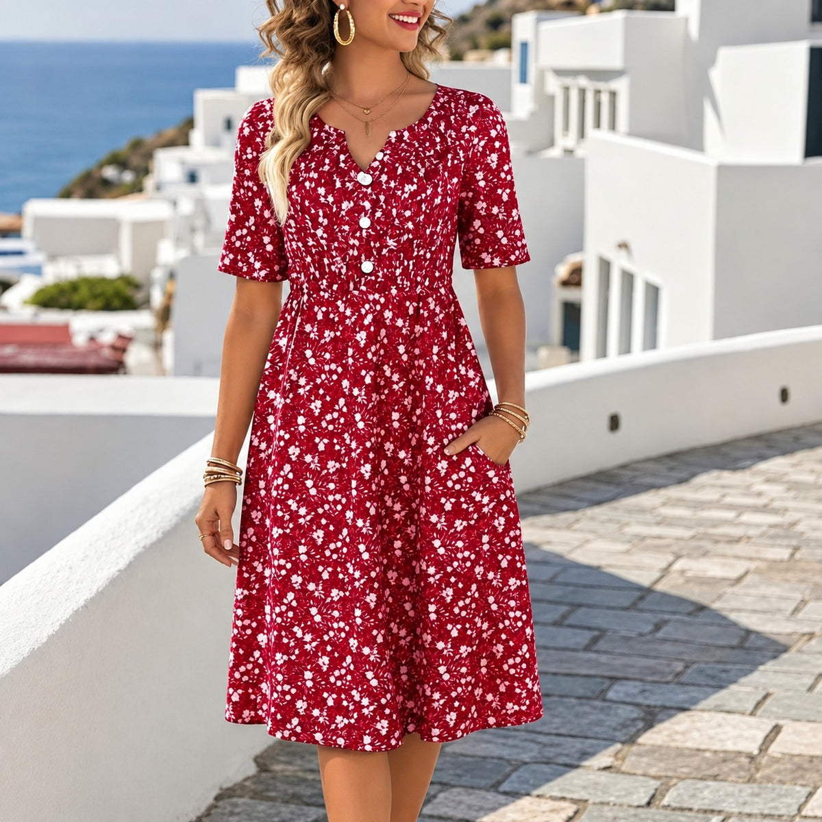 Livia™ Midikleid mit vorderer Knopfleiste, Blumenmuster und kurzen Ärmeln