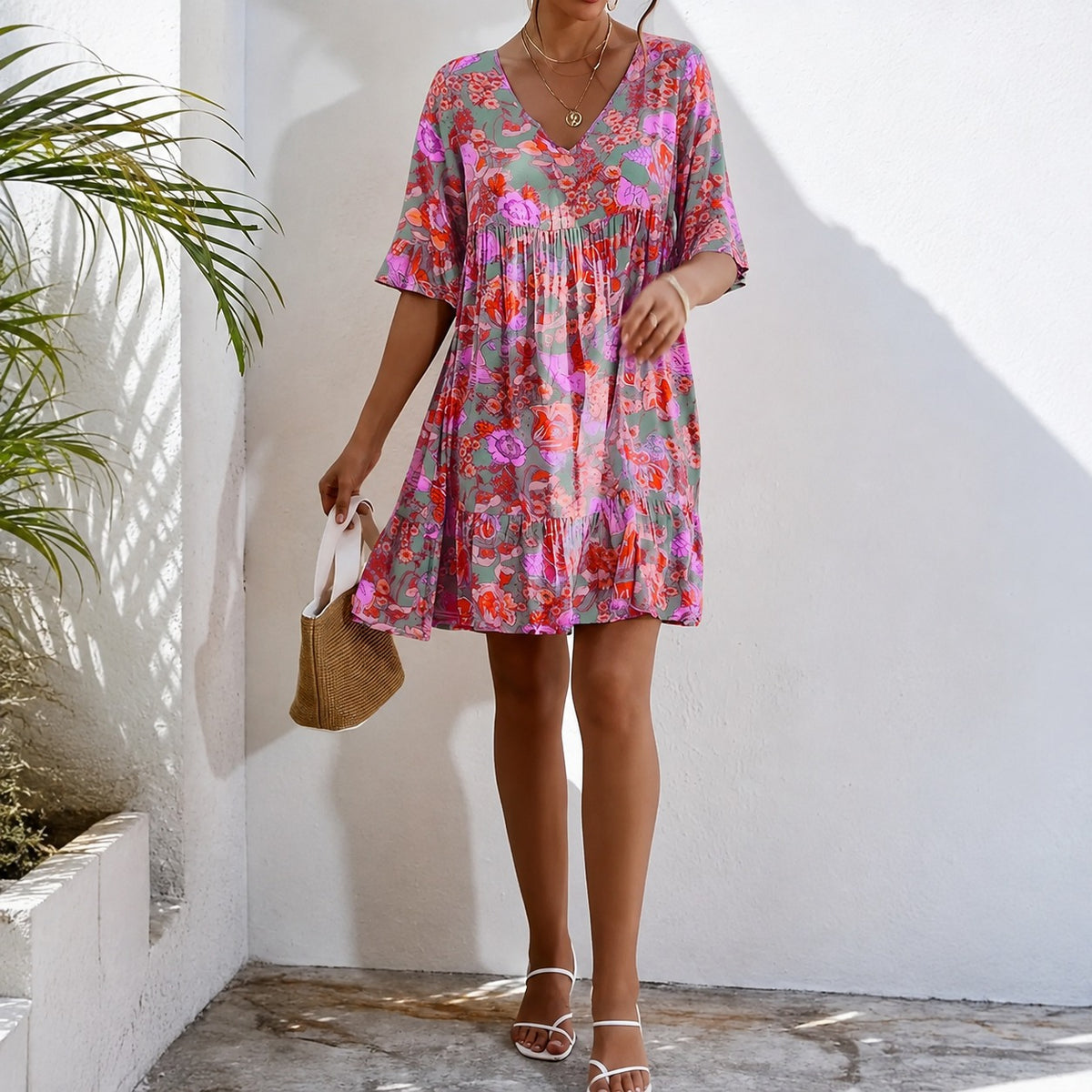 Sina™ Kleid mit floralem Muster, 3/4-Ärmeln und Raffung unter der Brust
