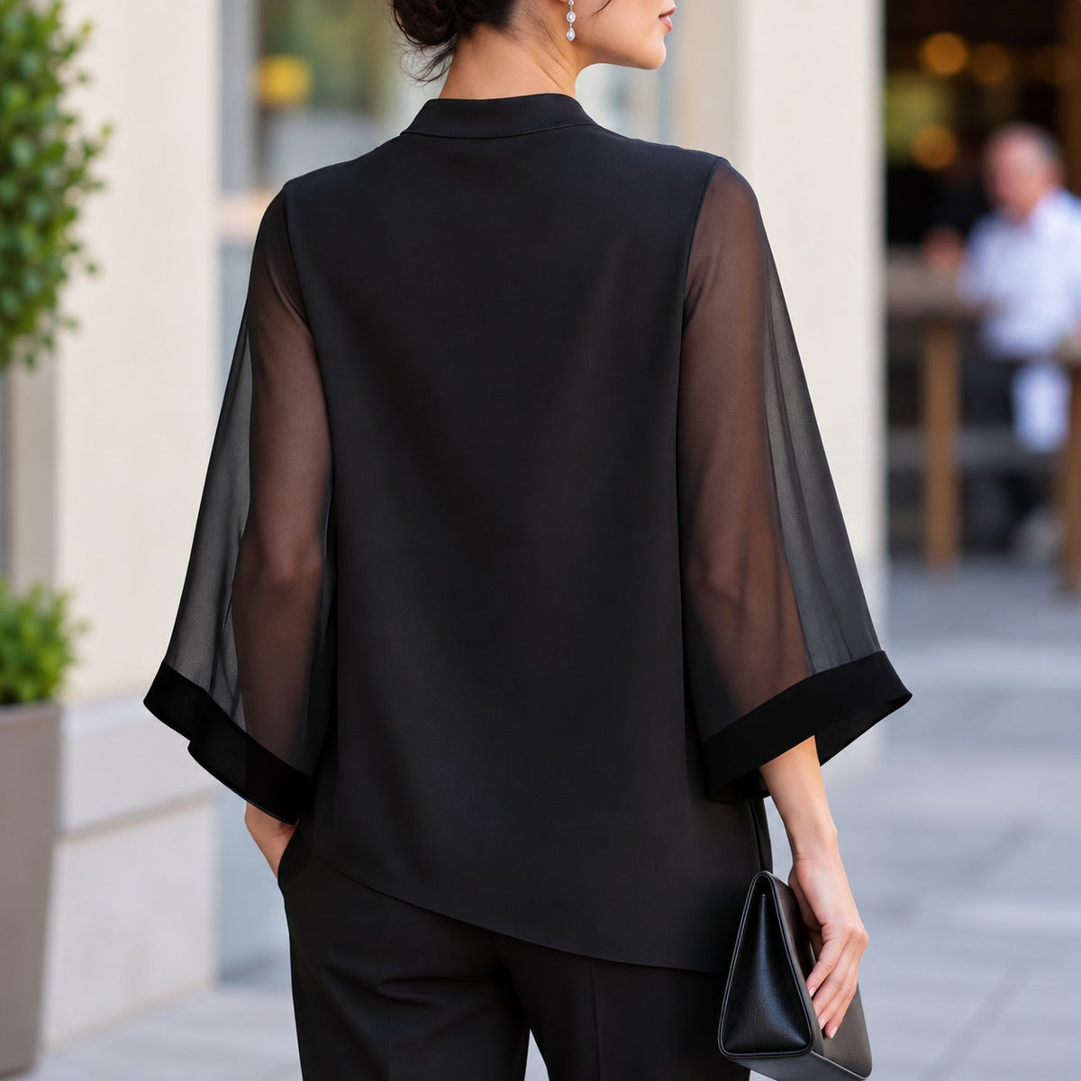 Bluse Elbtal™ mit Wasserfallausschnitt, transparenten Ärmeln und lockerem Fall